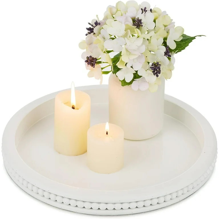 Hanobe Decorative Coffee Table Tray: White Beaded Round Wood Tray Circle Candle Tray Centerpiece ... | Walmart (US)