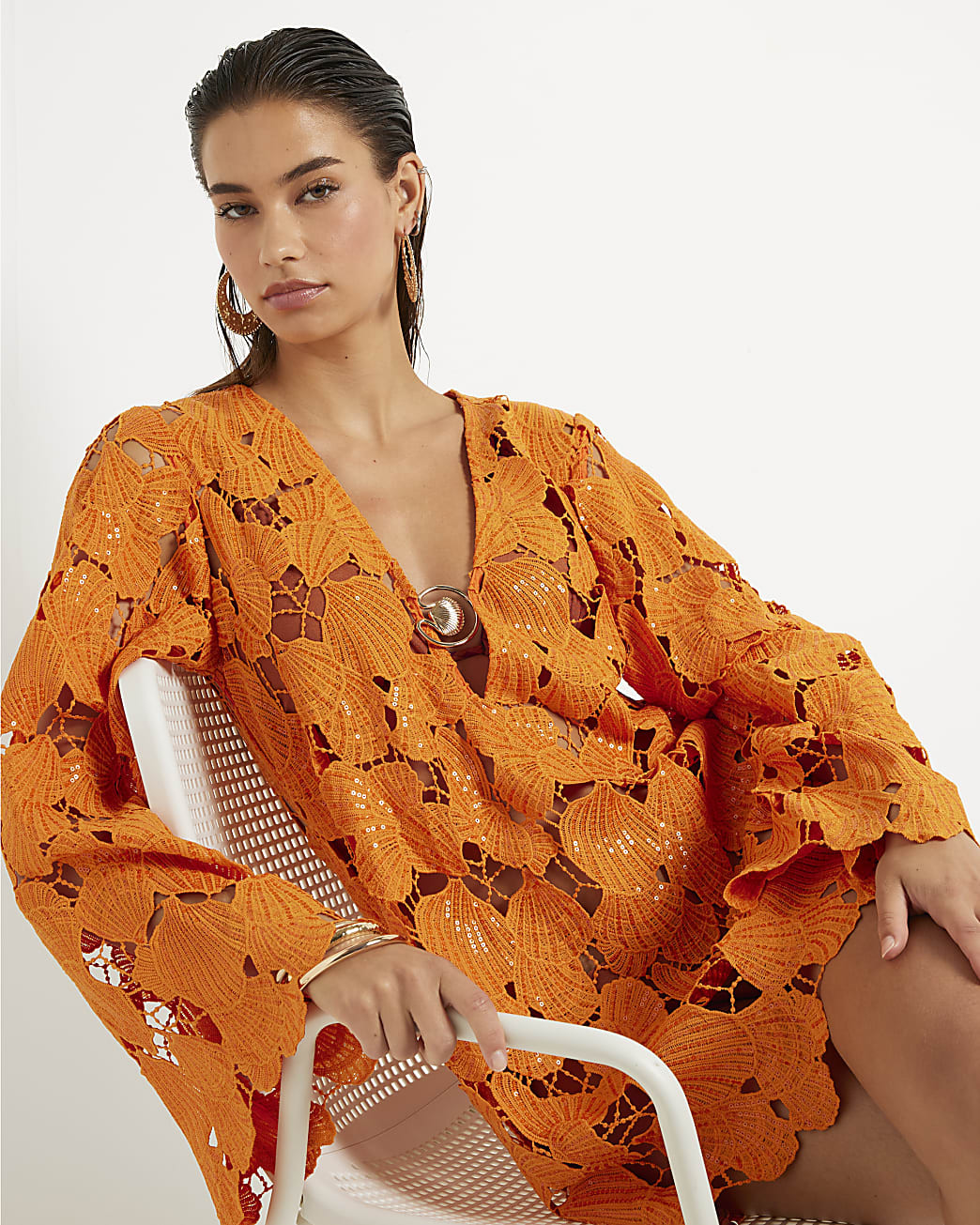 Orange Lace Shell Mini Beach Dress | River Island UK & IE