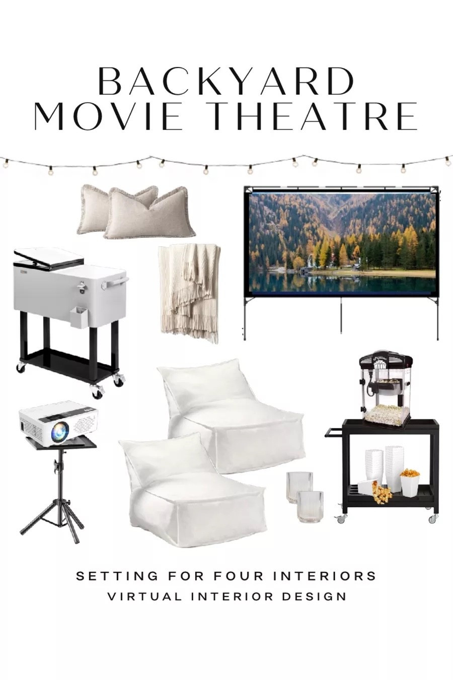 Backyard outdoor movie theater set up- movie screen,  projector and stylish bean bag chairs for the family!
Outdoor, kids, family, fun, summer, movie screen, bean bag chairs, bar cart, popcorn maker, outdoor movie screen, string lights, outdoor string light poles, cooler, movie projector, white, black, beige, throw blanket, pillows, organic modern, transitional, farmhouse, Amazon home, Amazon finds, founditonamazon, budget, affordable, party, entertaining #LTKFindsUnder50

#LTKsummer #LTKhome #LTKsale