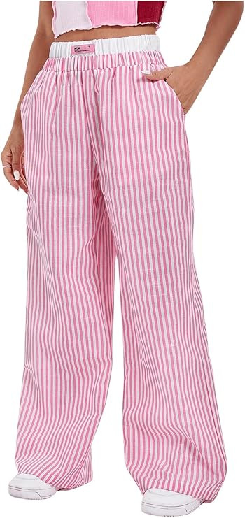 OYOANGLE Women's Colorblock Striped Print Pants Y2K High Elastic Waist Loose Wide Leg Pants with ... | Amazon (US)