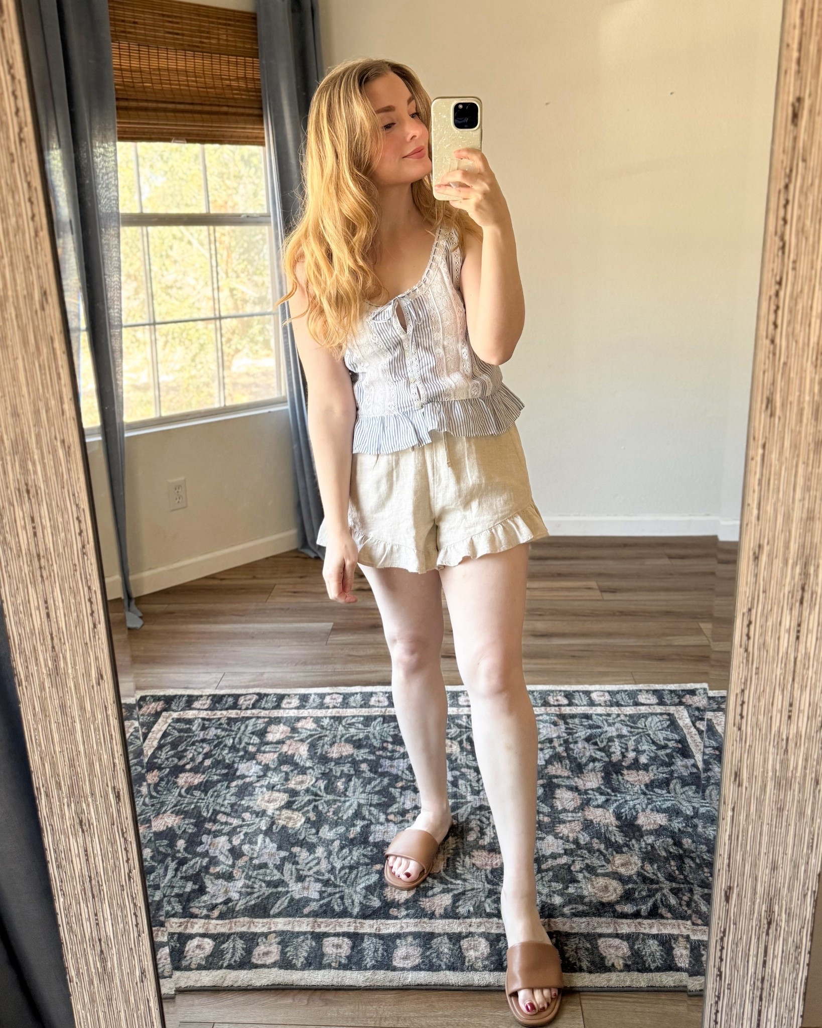 spring outfits. spring fashion. ruffle linen shorts. spring break outfits. vacation outfit. 

wearing my normal small in both. shorts fit a little relaxed. top has no stretch, but fits tts. 

#LTKootd #LTKSeasonal #LTKSaleAlert