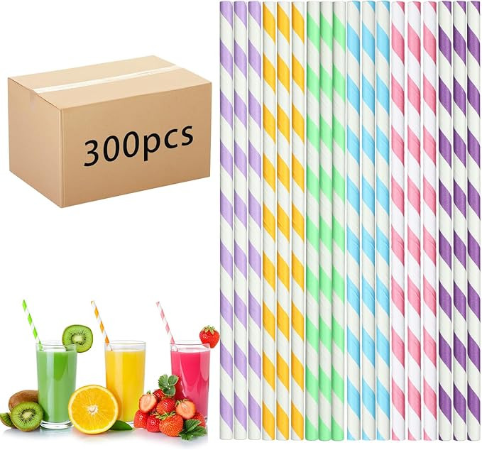 300 Pcs Morandi Paper Straws Stripped Paper Straws Bulk For Juice Coffee Milkshakes for Wedding H... | Amazon (US)