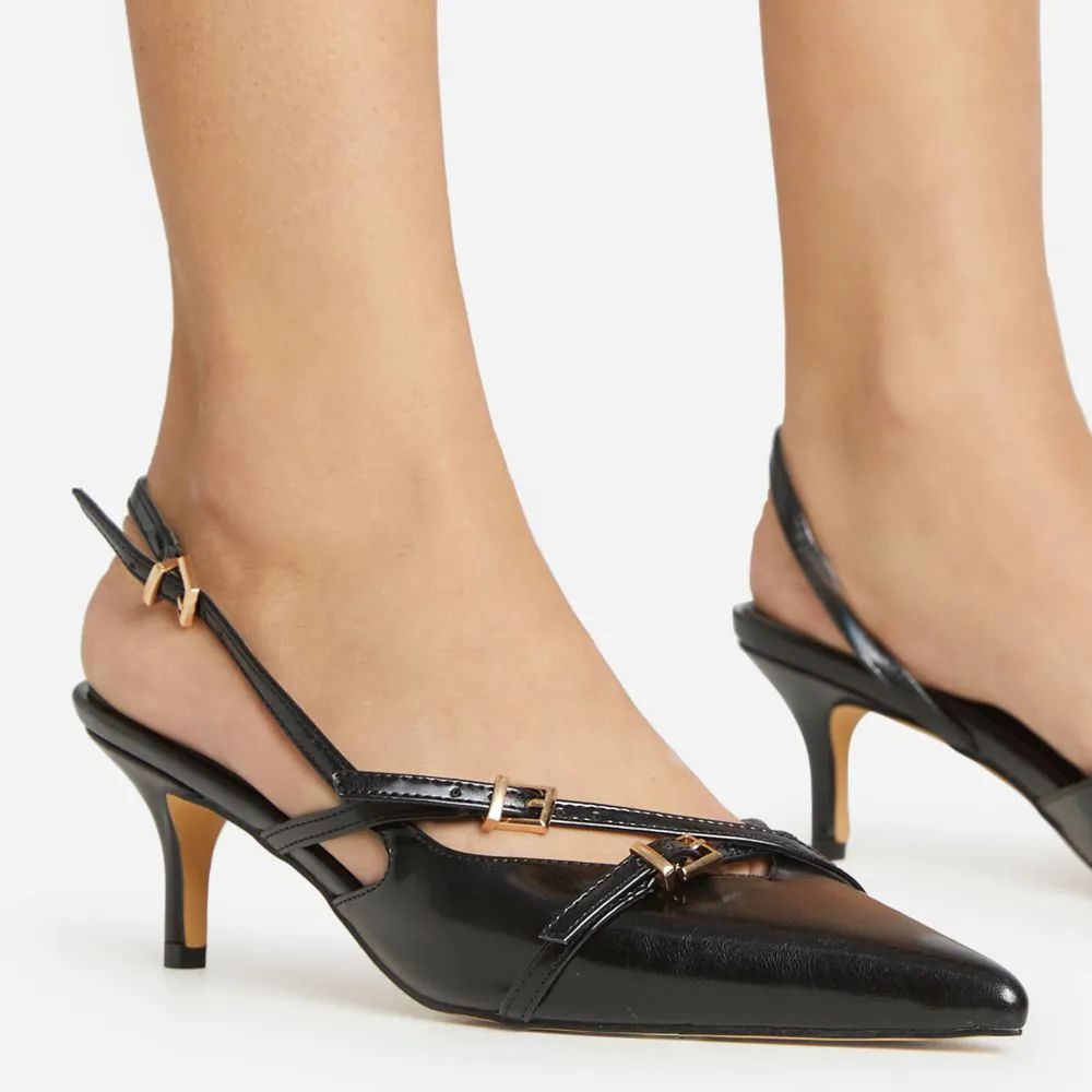 Quin Buckle Detail Pointed Toe Slingback Kitten Court Heel In Black Faux Leather | Ego Shoes (UK)