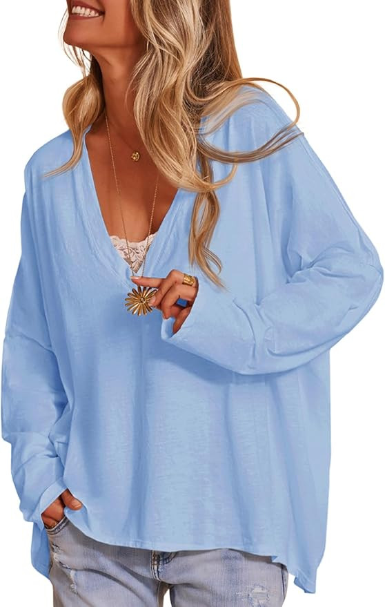 Tankaneo Womens Oversized T Shirts Casual V Neck Batwing Long Sleeve Shirts Loose Fit Tunic Tops | Amazon (US)