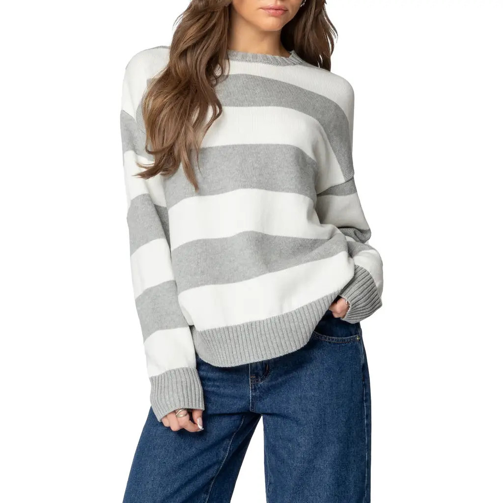 EDIKTED Richie Oversize Stripe Cotton Crewneck Sweater in Gray-Melange at Nordstrom, Size X-Small | Nordstrom