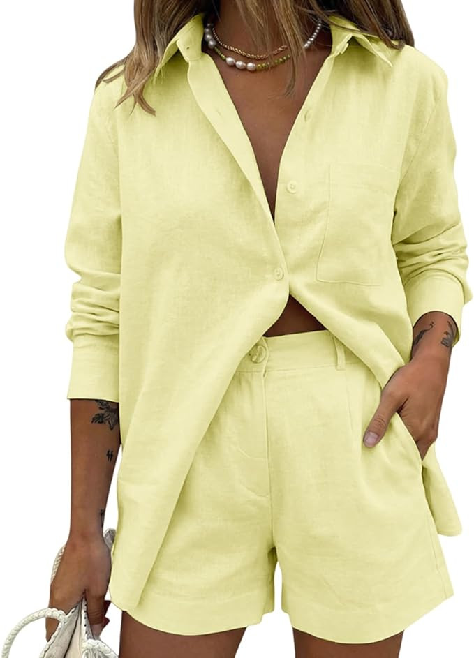Linen 2 Piece Set for Women Oversized Long Sleeve Button up Blouse Matching High Waist Mini Short... | Amazon (US)