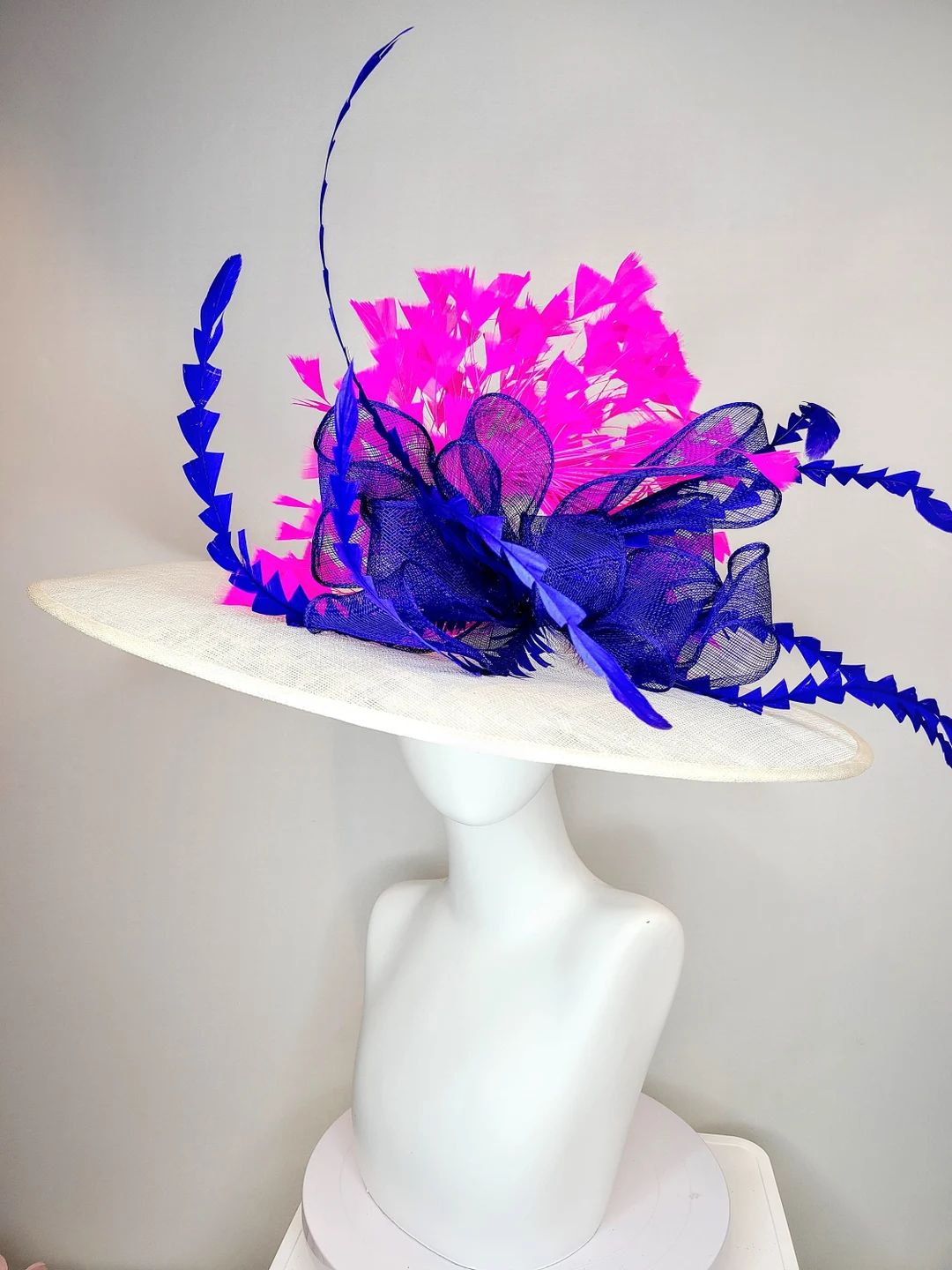 kentucky derby hat wide brim white sinamay with royal blue sinamay bow and hot pink fuchsia feath... | Etsy (US)