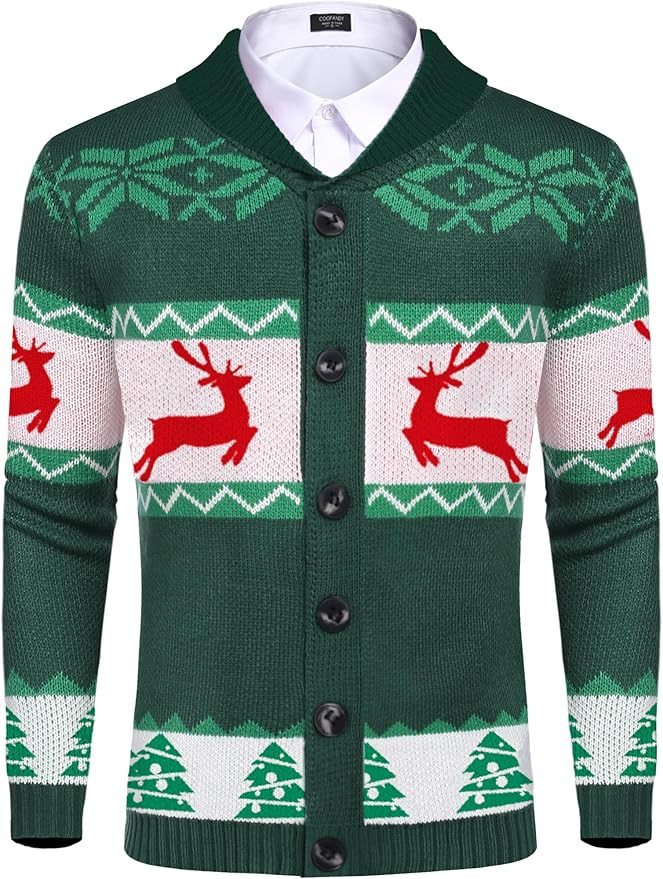 COOFANDY Men's Christmas Cardigans Ugly Xmas Sweaters Reindeer Snowflake Shawl Collar Knitted Car... | Amazon (US)