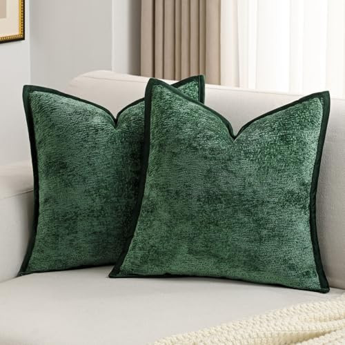 FUTEI Dark Green Chenille Throw Pillow Covers 22x22 Inch Set of 2,Soft Cozy Bound Edge Design Cushion Case,Home Decor for Couch Bed Living Room | Amazon (US)