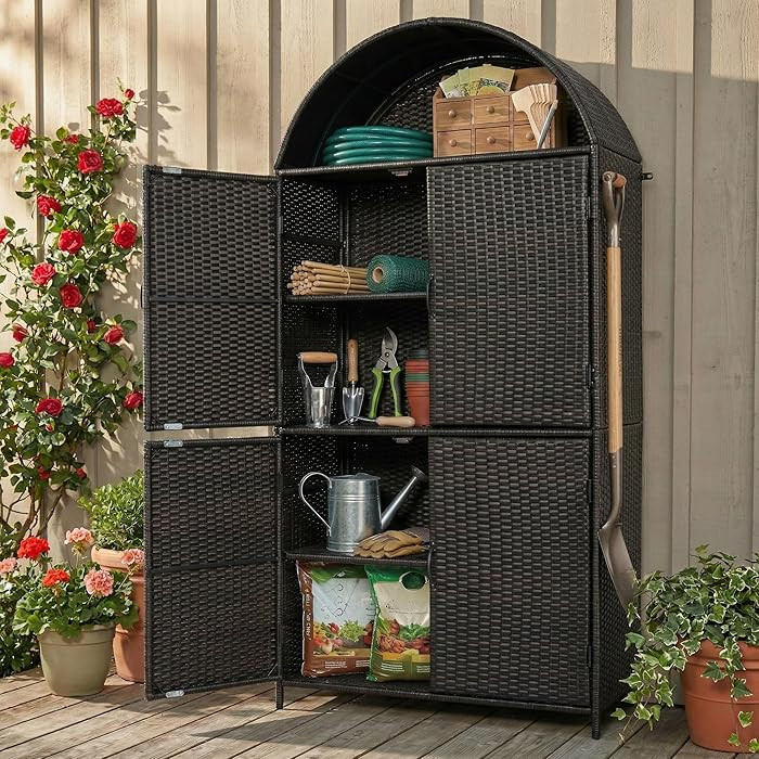 JIJIWANG 72" Tall Arched Wicker Outdoor Storage Cabinet with Shelves and Doors, Rattan Outdoor St... | Amazon (US)