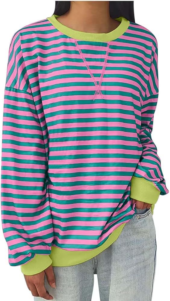 jxsoyen Womens Striped Oversized Sweatshirt Color Block Crew Neck Long Sleeve Shirt Casual Loose ... | Amazon (US)