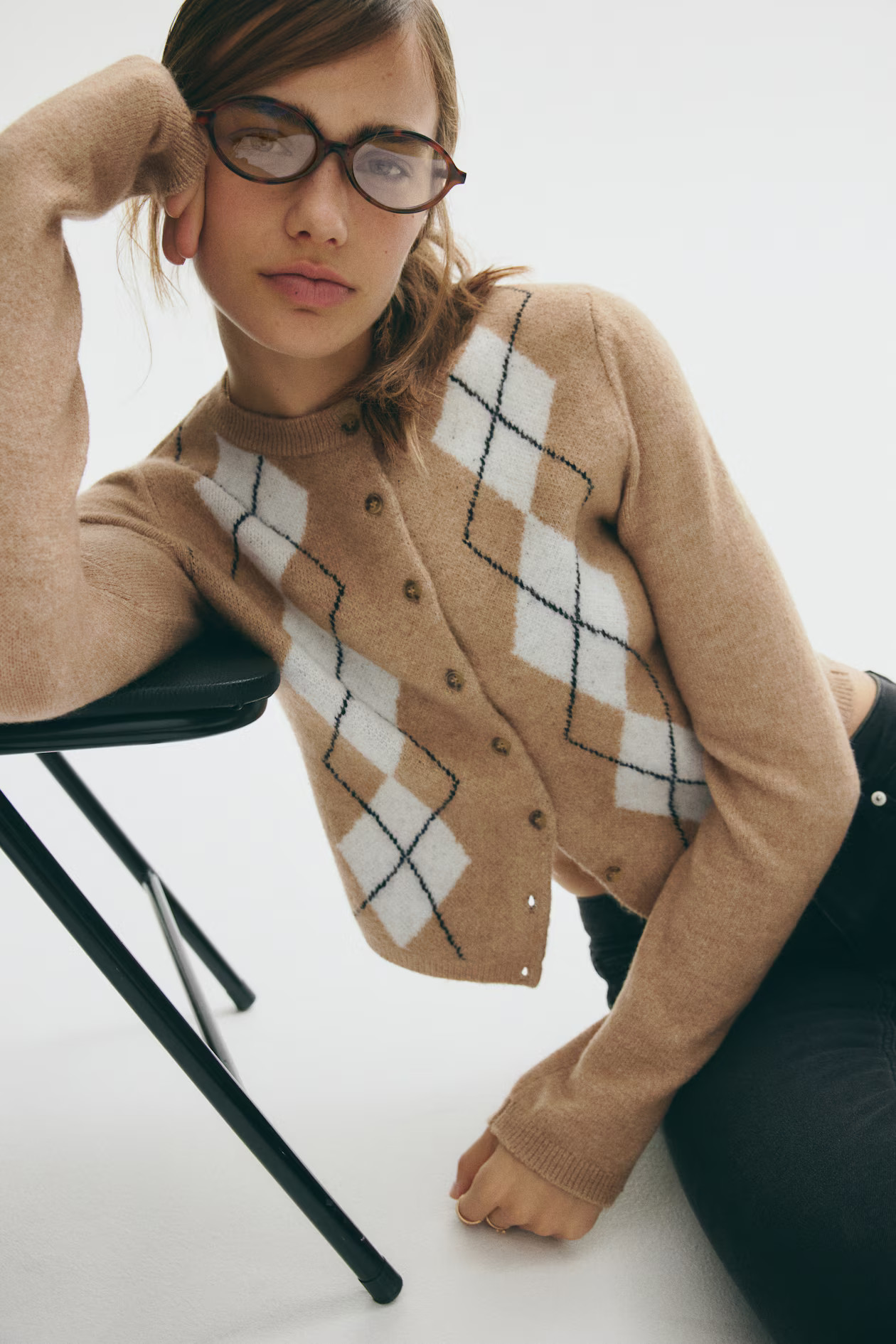 Jacquard-knit cardigan - Dark beige/Argyle pattern - Ladies | H&M GB | H&M (UK, MY, IN, SG, PH, TW, HK)