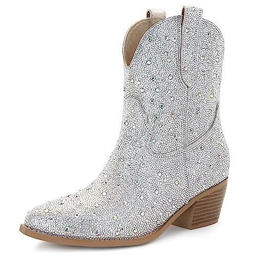 SOVANYOU Rhinestone Cowboy Ankle Boots for Women - Sparkly Western Booties With Crystal and Glitter - Silver Bling Cowgirl Boots | Amazon (US)