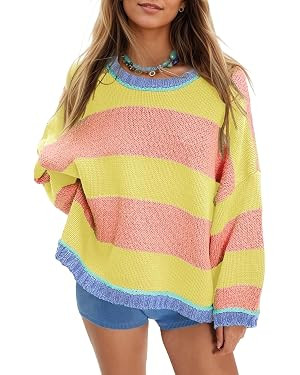 Women's Chunky Knit Striped Sweaters Casual Long Sleeve Crew Neck Oversized Pullover Sweater Wint... | Amazon (US)