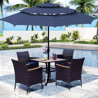 6-Piece Black Metal Patio Outdoor Dining Set with Wood-Look Square Table, Umbrella and Rattan Cha... | The Home Depot