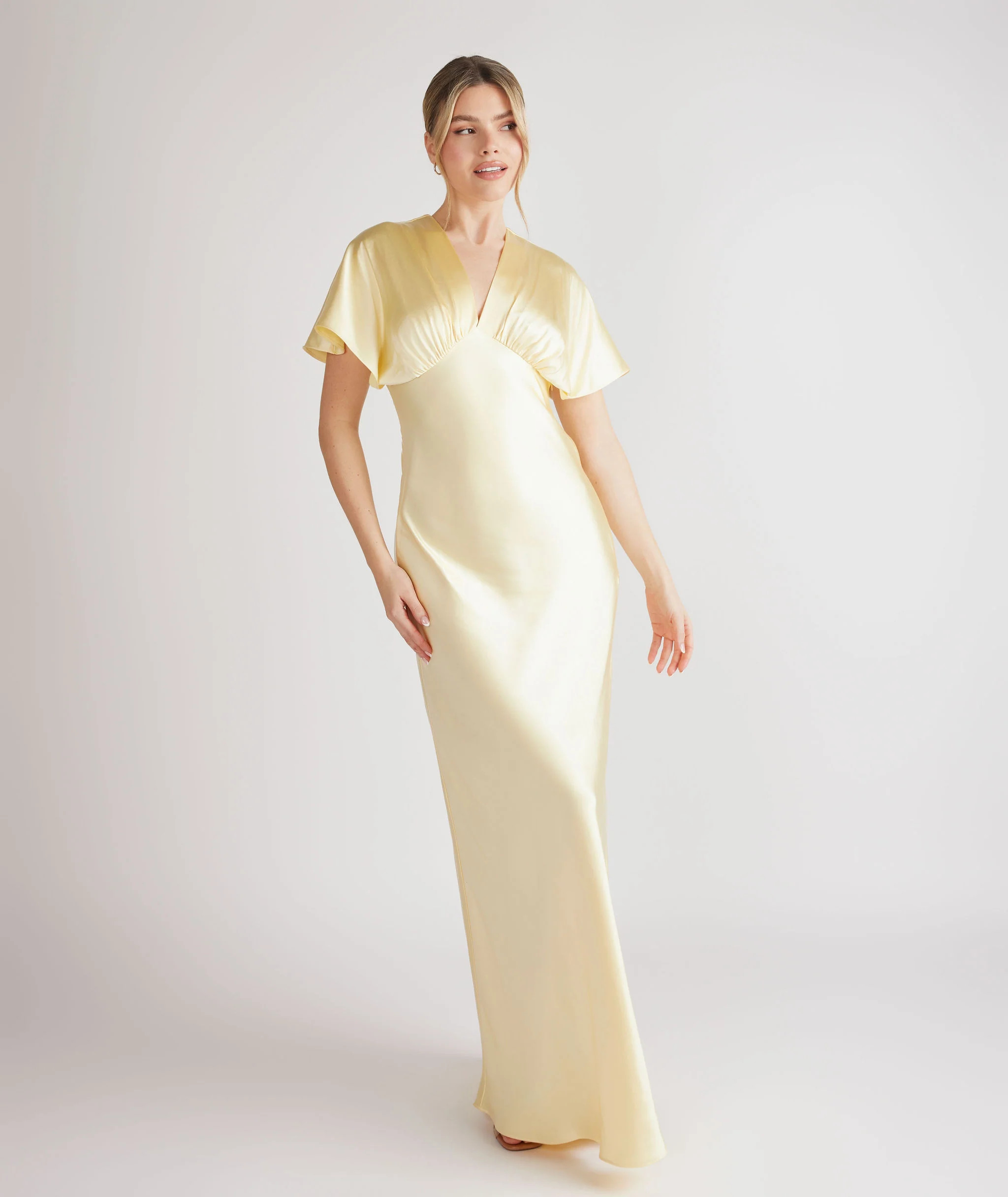 Plunge Batwing Satin Bridesmaid Dress - Butter Lemon | Six Stories