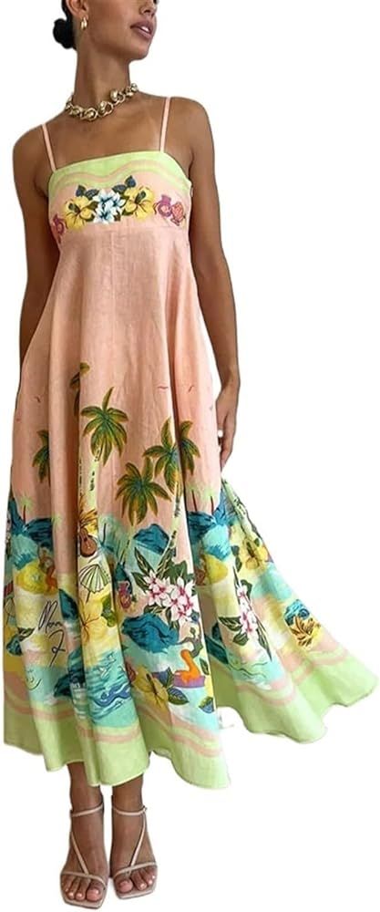 Spring and Summer New Camisole Printed Casual Dress INS Loose high Waisted Vacation Dress Large H... | Amazon (US)