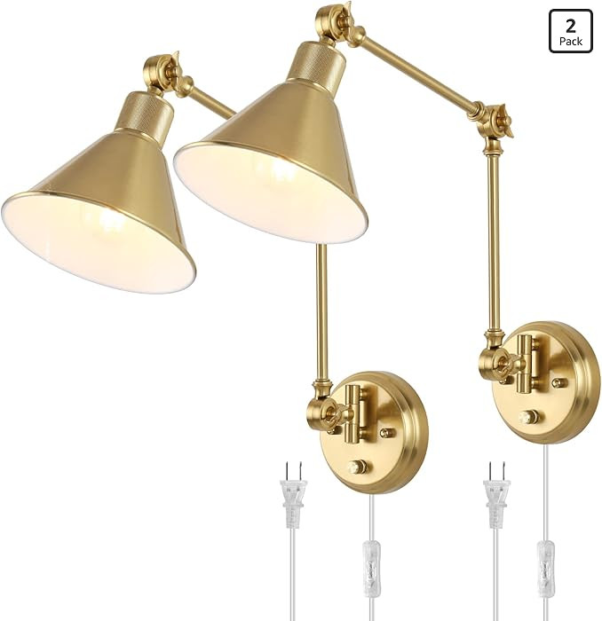 TRLIFE Wall Sconces Plug in, Dimmable Wall Sconces Brushed Brass Swing Arm Wall Lights Plug in Wa... | Amazon (US)