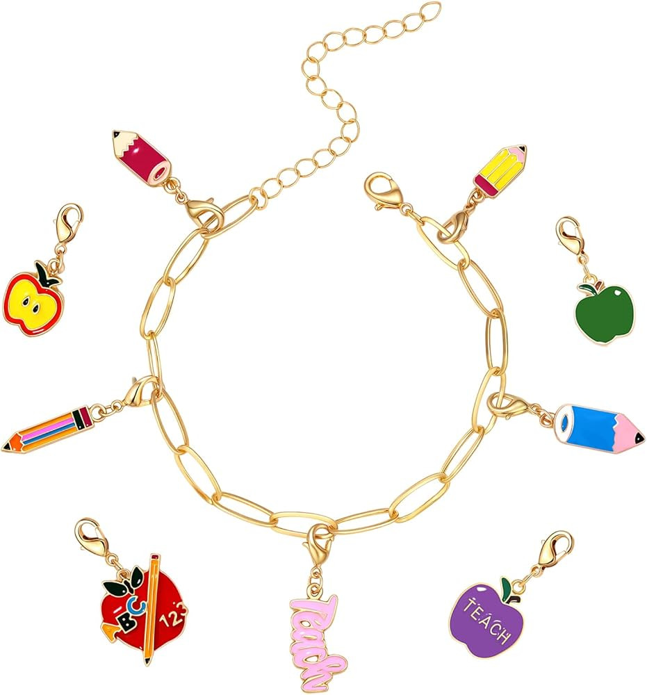 Back to School Bracelet Pencil Apple Charm Bracelet Lobster Buckle Pendant Charming Chain Bracele... | Amazon (US)