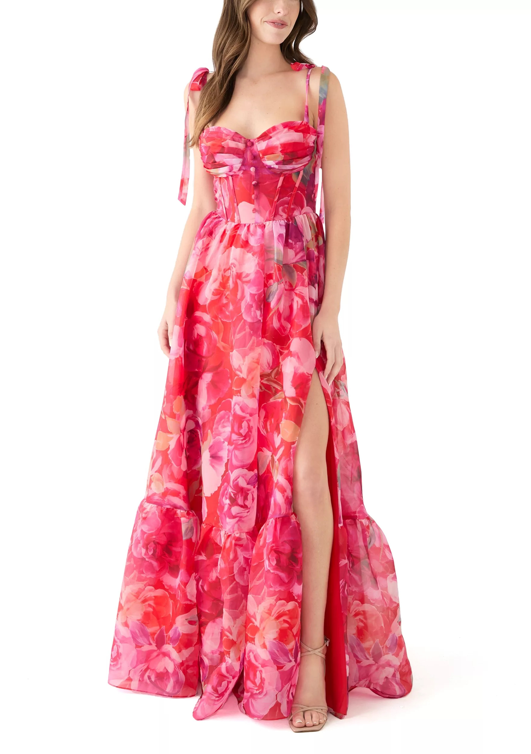Women's Sleeveless Tie Watercolor Print Organza Gown | Belk