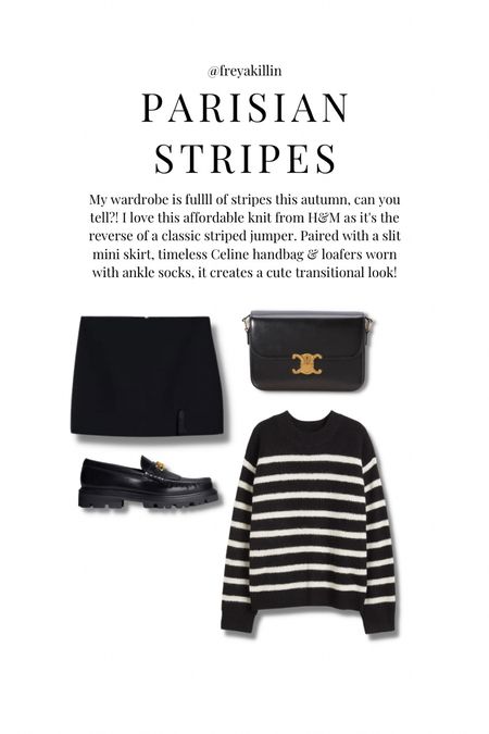 My wardrobe is fullll of stripes this autumn, can you tell?! I love this affordable knit from H&M as it's the reverse of a classic striped jumper. Paired with a slit mini skirt, timeless Celine handbag & loafers worn with ankle socks, it creates a cute transitional look!

#LTKSeasonal #LTKeurope #LTKstyletip