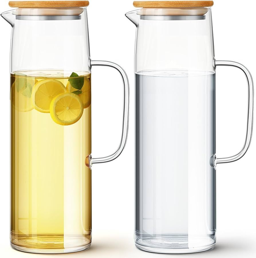 2 Sets Glass Pitcher with Lid, 50 oz / 1500 ml Water Carafe with Handles Hot Cold Beverage Water ... | Amazon (US)