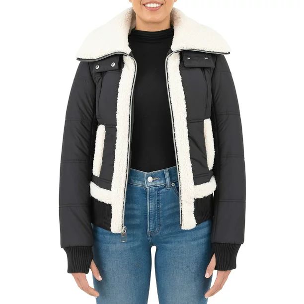 Cyn & Luca Women's Sustainable Bomber Jacket with Sherpa Trim - Walmart.com | Walmart (US)