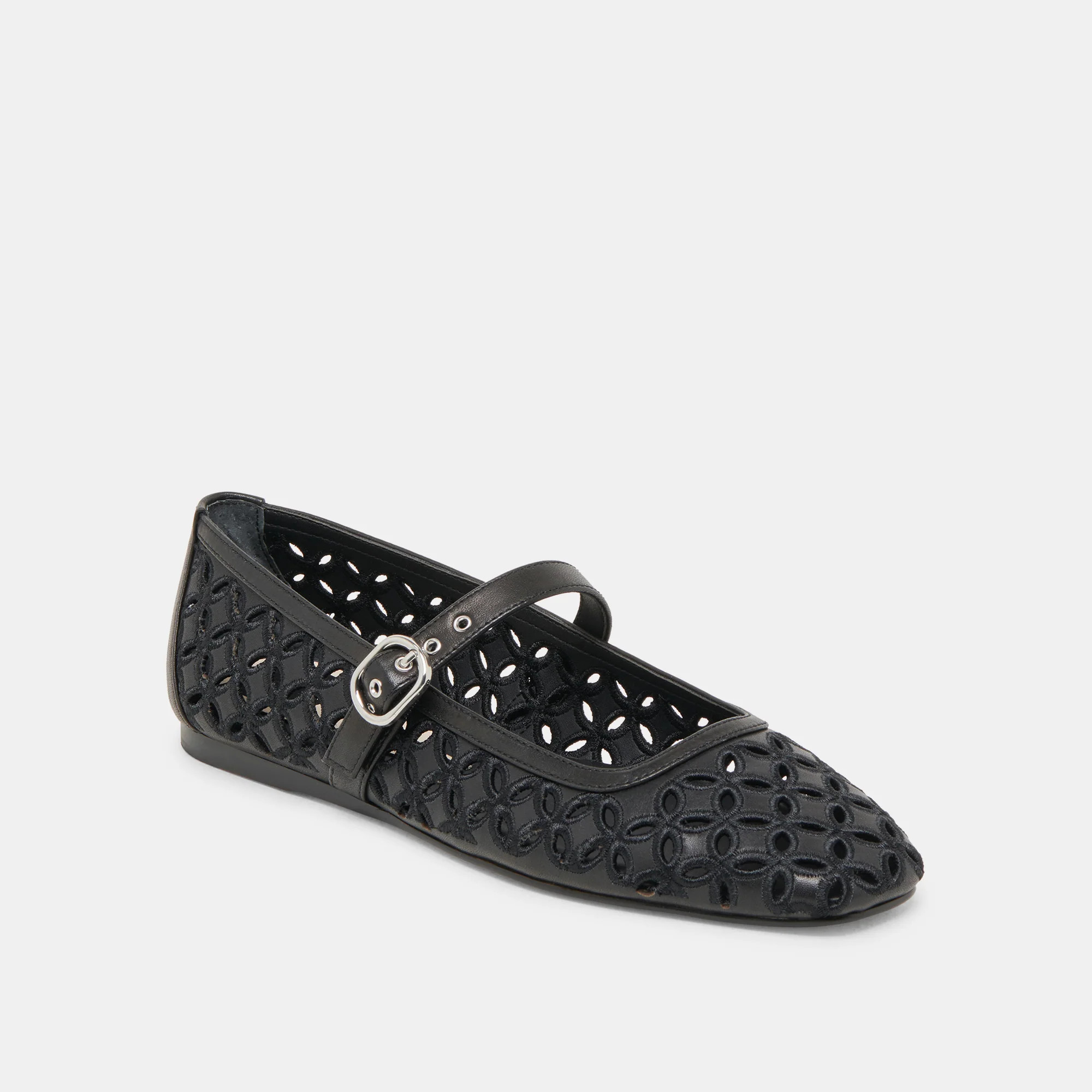 RODNI EYELET PERF BALLET FLATS BLACK LEATHER | DolceVita.com