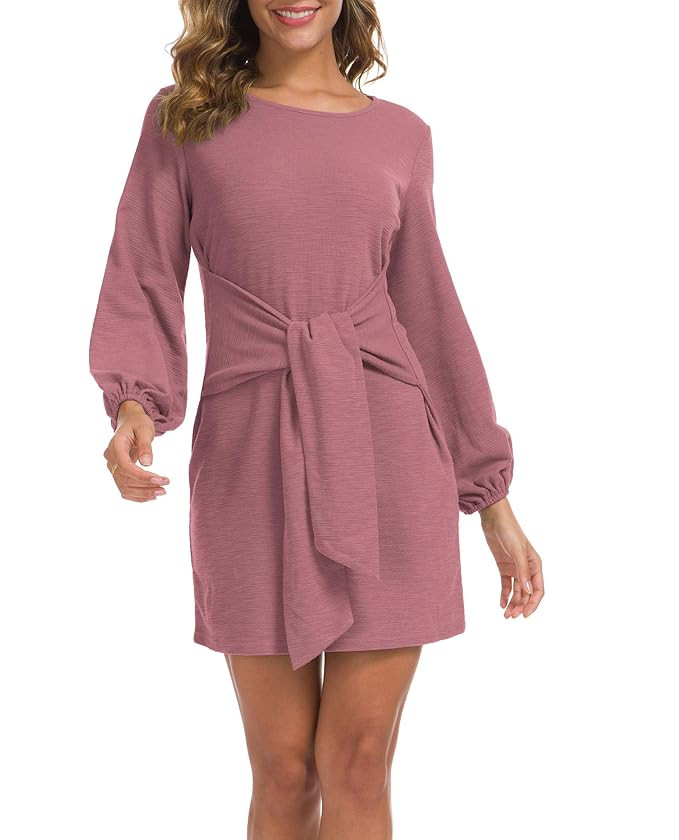Lionstill Women's Elegant Long Sleeve Dress Casual Tie Waist Sweater Dresses | Amazon (US)