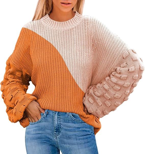 Sovoyontee Women's Cute Oversized Crewneck Loose Puff Sleeves Chunky Knit Pullover Sweater | Amazon (US)
