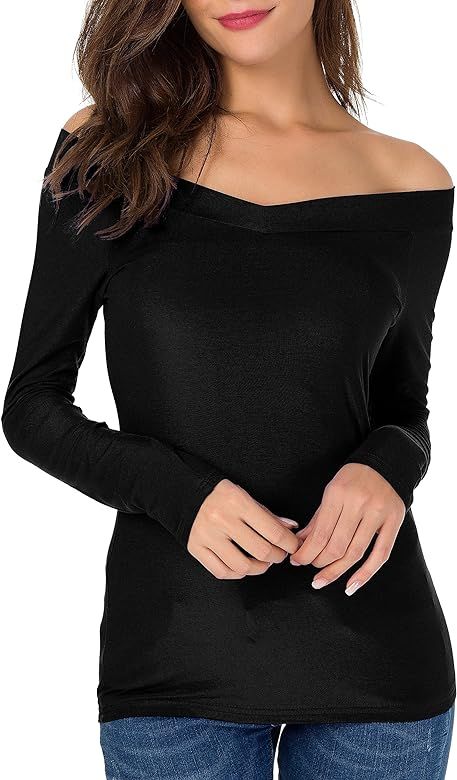 Sarin Mathews Womens Shirts Off The Shoulder Tops Sexy V Neck Slim Fit Shirts Tops Blouses | Amazon (US)