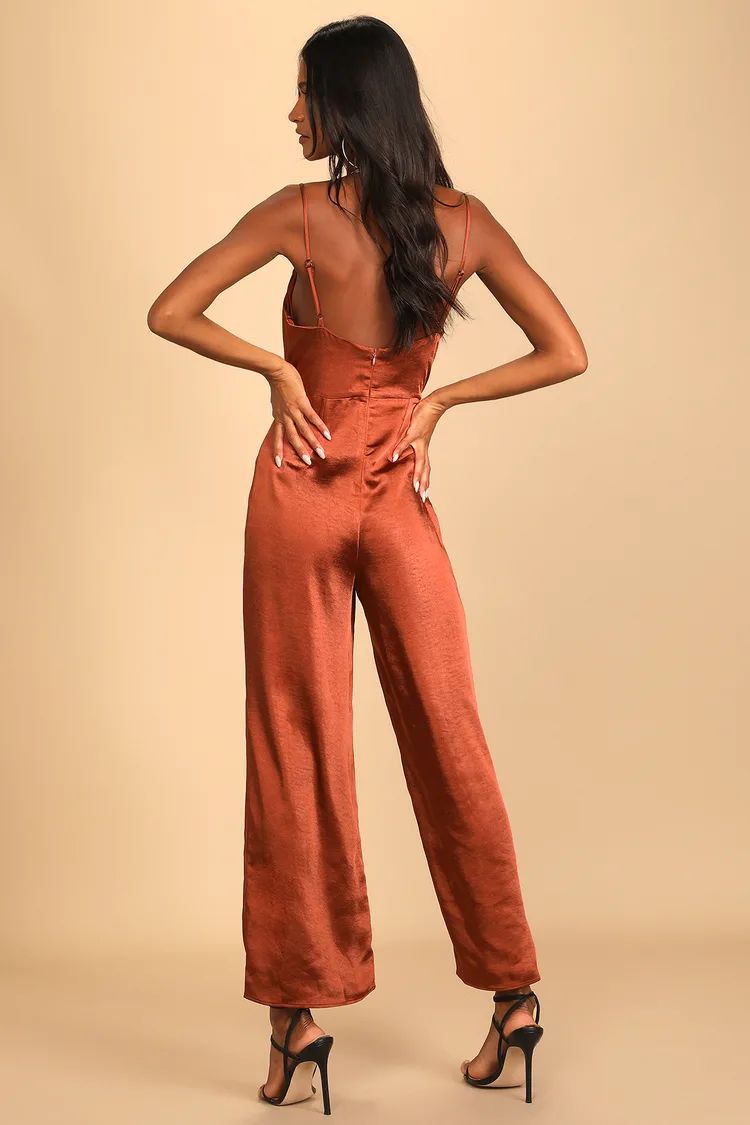 Perfect Night Brown Satin Cowl Neck Culotte Jumpsuit | Lulus (US)