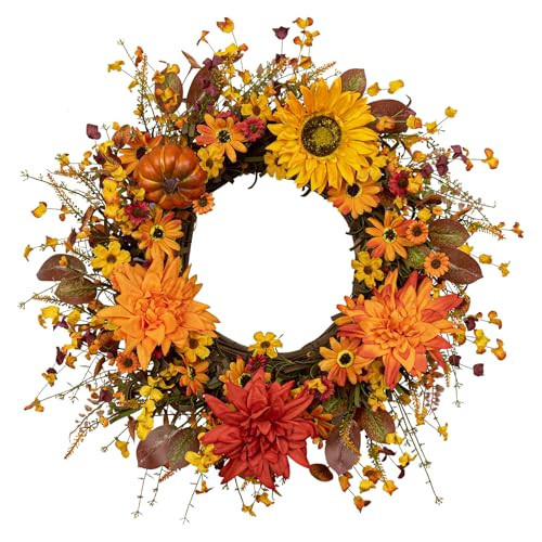 JINGHONG Fall Wreaths for Front Door 22 Inch Artificial Fall Wreath Autumn Flower Wreath with Sunflower Daisy Dahlia Pumpkin for Indoor Outdoor Window Wall Porch Harvest and Thanksgiving Celebration | Amazon (US)