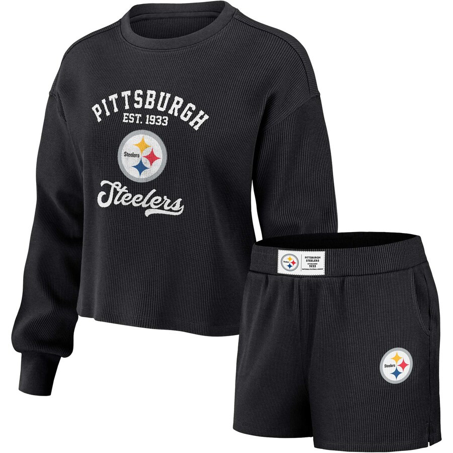 Pittsburgh Steelers WEAR by Erin Andrews Women's Waffle Knit Long Sleeve T-Shirt & Shorts Lounge ... | Fanatics