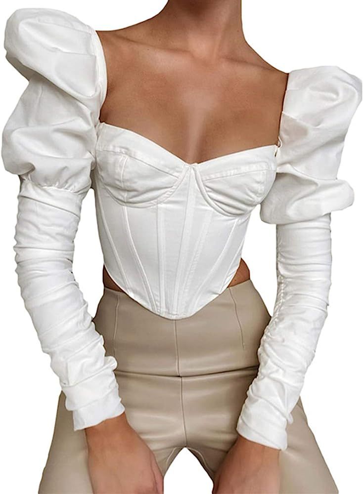 Women Flare Puff Sleeve Off Shoulder Blouse Tops Long Sleeve Ruffle Crop Tops Open Front Lace Up ... | Amazon (US)