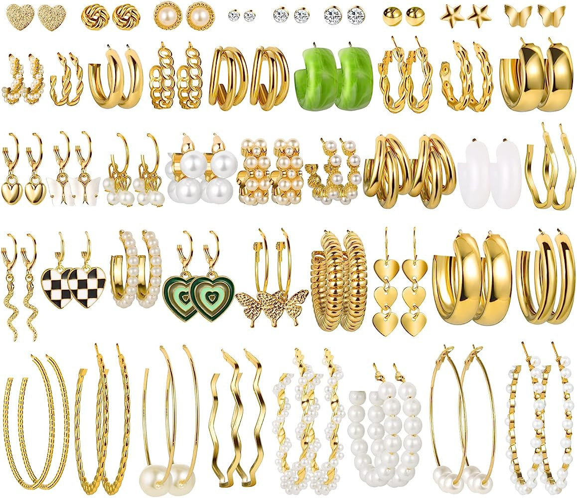 44 Pairs Gold Hoop Earrings Set for Women Multipack, Fashion Dangle Heart Statement Pearl Earring... | Amazon (US)