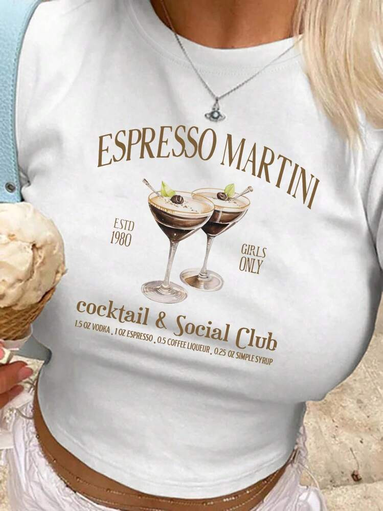 INAWLY Women's Summer Short Sleeve Casual T-Shirt With Slogan Print And Round Neck Cocktail & Social Club Graphic Tees Women Tops | SHEIN