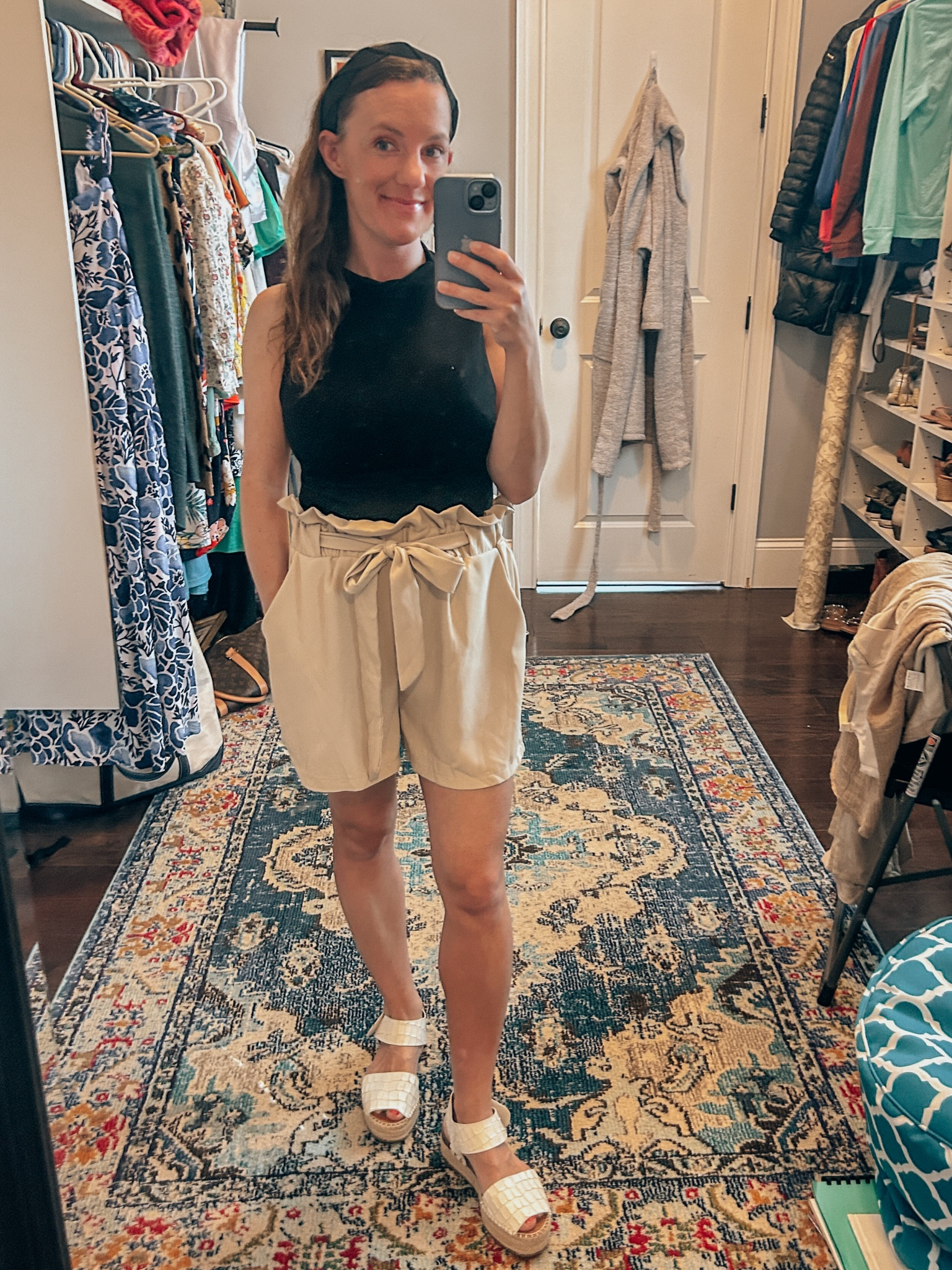 Trendy summer outfit in neutral colors 
Mid length shorts with bow 
Flowy shorts and tight tank with high neck 
Cute neutral headband 
White platform sandals 

#LTKSeasonal #LTKstyletip #LTKfindsunder100