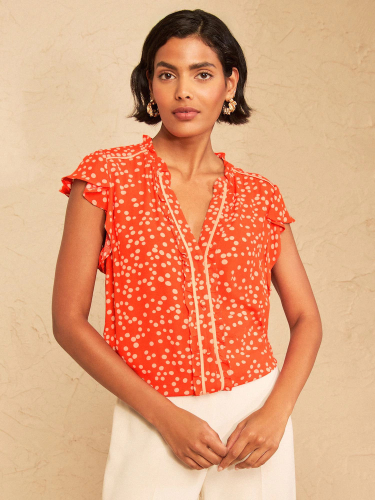 Gepunktet, Orange - Love & Roses Flutter Sleeve Button Through Blouse | Next EU