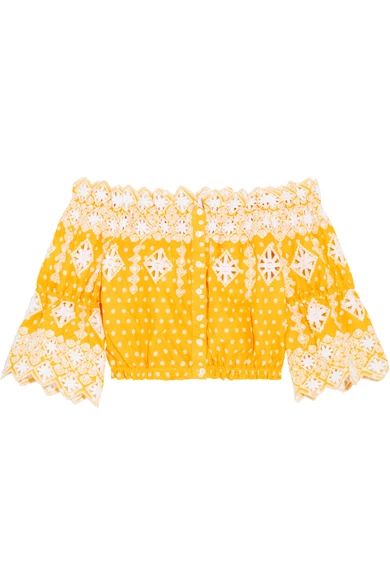 Miguelina - Renee Broderie Anglaise-trimmed Polka-dot Cotton Top - Yellow | NET-A-PORTER (UK & EU)