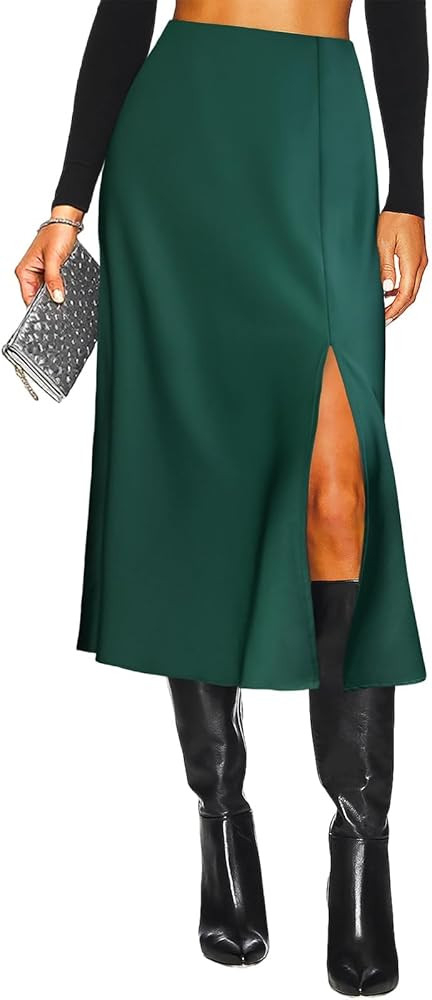 Women's Side Slit A Line Satin Midi Skirt Elastic High Waisted Cheetah Leopard Print Silk Long Sk... | Amazon (US)