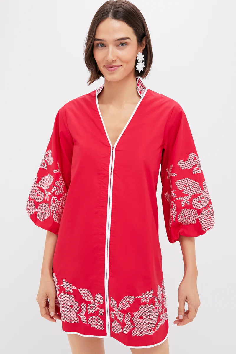Red & White Embroidery Mini Arem Caftan | Tuckernuck (US)
