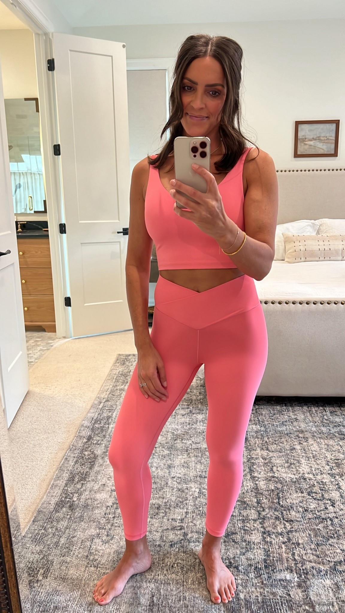 Bubblegum pink workout clothes. Yes please! This tank top and crossover waist leggings are both from aerie. Sold separately. Very comfortable and soft fabric. Wearing a size small! 

#LTKPetite #LTKActive #LTKootd
