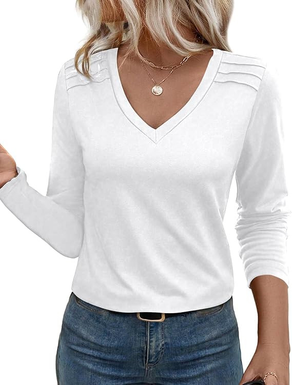 JUSTFASHIONNOW Pleated Long Sleeve Shirts for Women V Neck Dressy Casual Business Blouses Fall To... | Amazon (US)