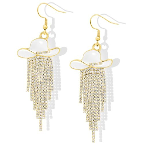 RechicGu Western Cowgirl Enamel Hat Sparkly Stone Tassel Dangle Earrings Prom Country Concerts Cowboy Outfits Rodeo Gift for Women | Amazon (US)