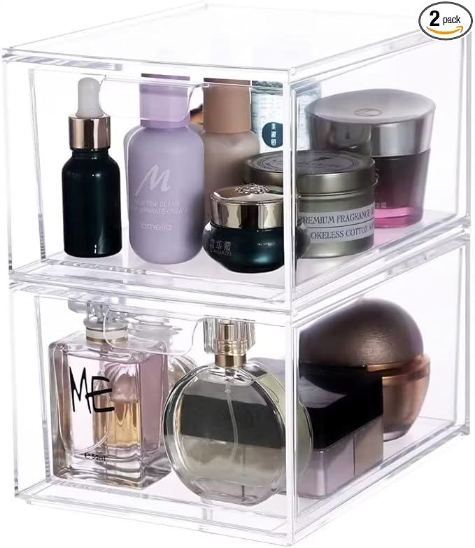 2 Pack Clear Makeup Organizer for Vanity Stackable Acrylic Cosmetic Display Case For Bathroom Cab... | Amazon (US)