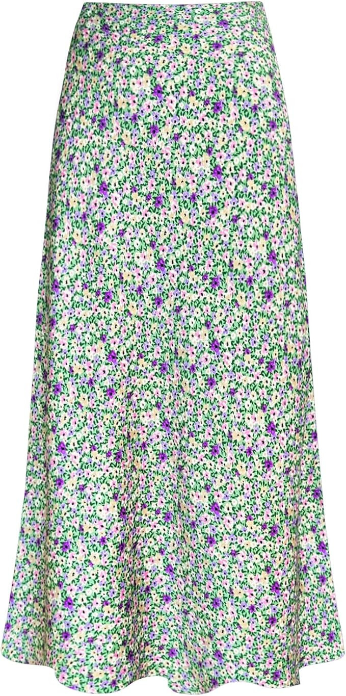 Women's Satin High Waisted Maxi Skirts Hidden Elasticized Waistband A Line Long Skirt | Amazon (US)