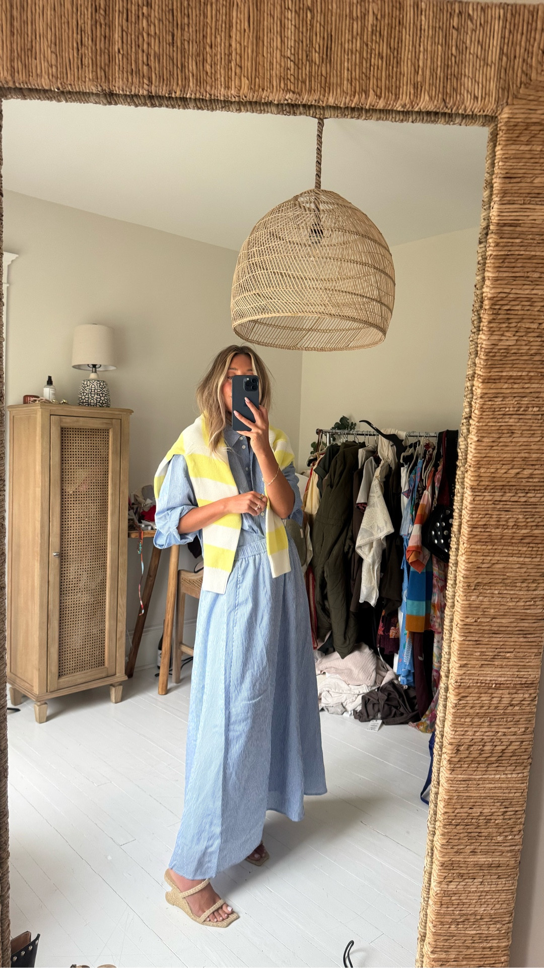 summer staple: a classic white and blue stripe button down + skirt! Sharing more of my current Vince Camuto picks at Dillards below! @vincecamuto #vincecamutopartner #ad 