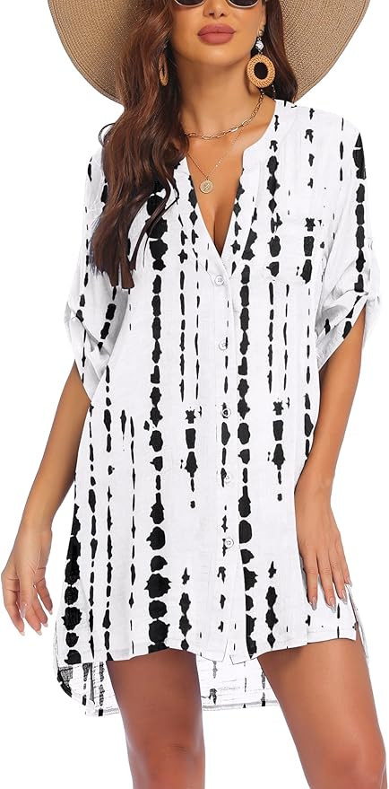 AI'MAGE Women's Swimsuit Cover Ups Shirt V-Neck Button Down Bathing Suit Coverups Beach Tunic Top... | Amazon (US)