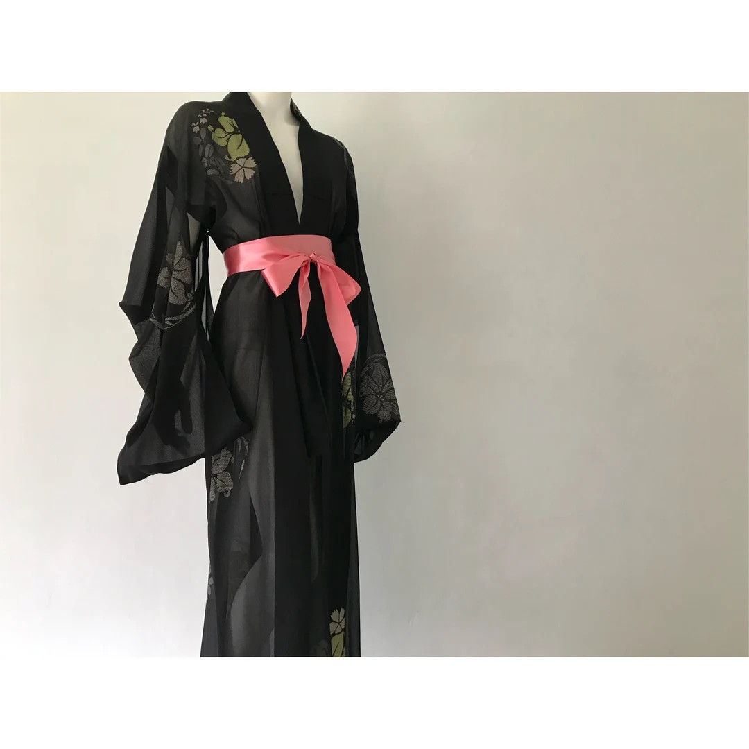 1970s sheer black kimono / vintage Japanese  kimono with lamé flowers / sheer vintage robe with ... | Etsy (US)